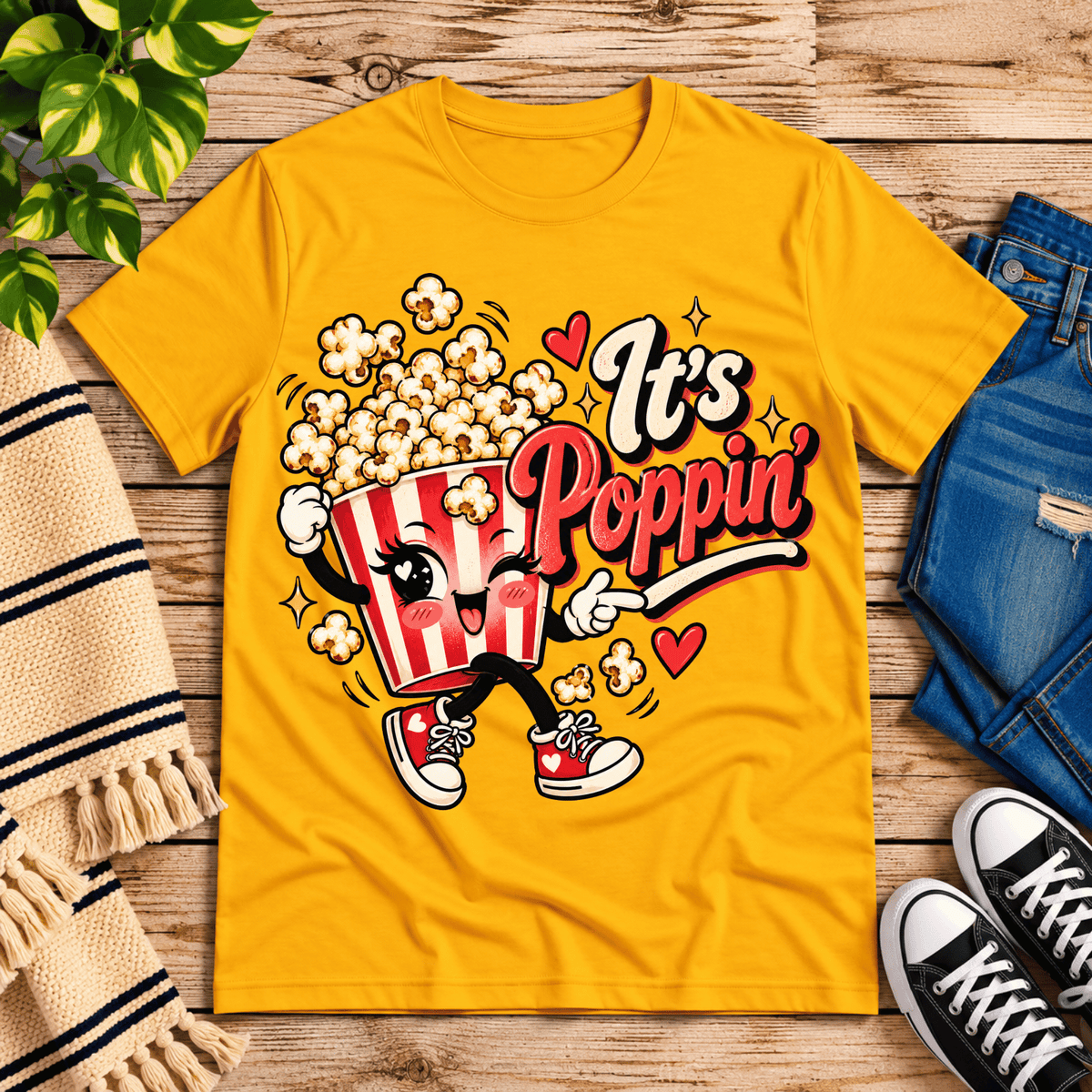 It's Poppin' cute food graphic t-shirt cozy flat lay in gold.