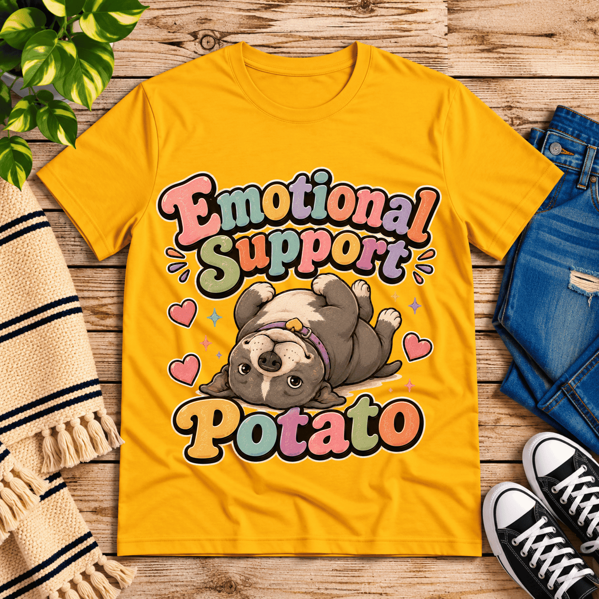 Emotional Support Potato cute animal graphic t-shirt cozy flat lay in gold.