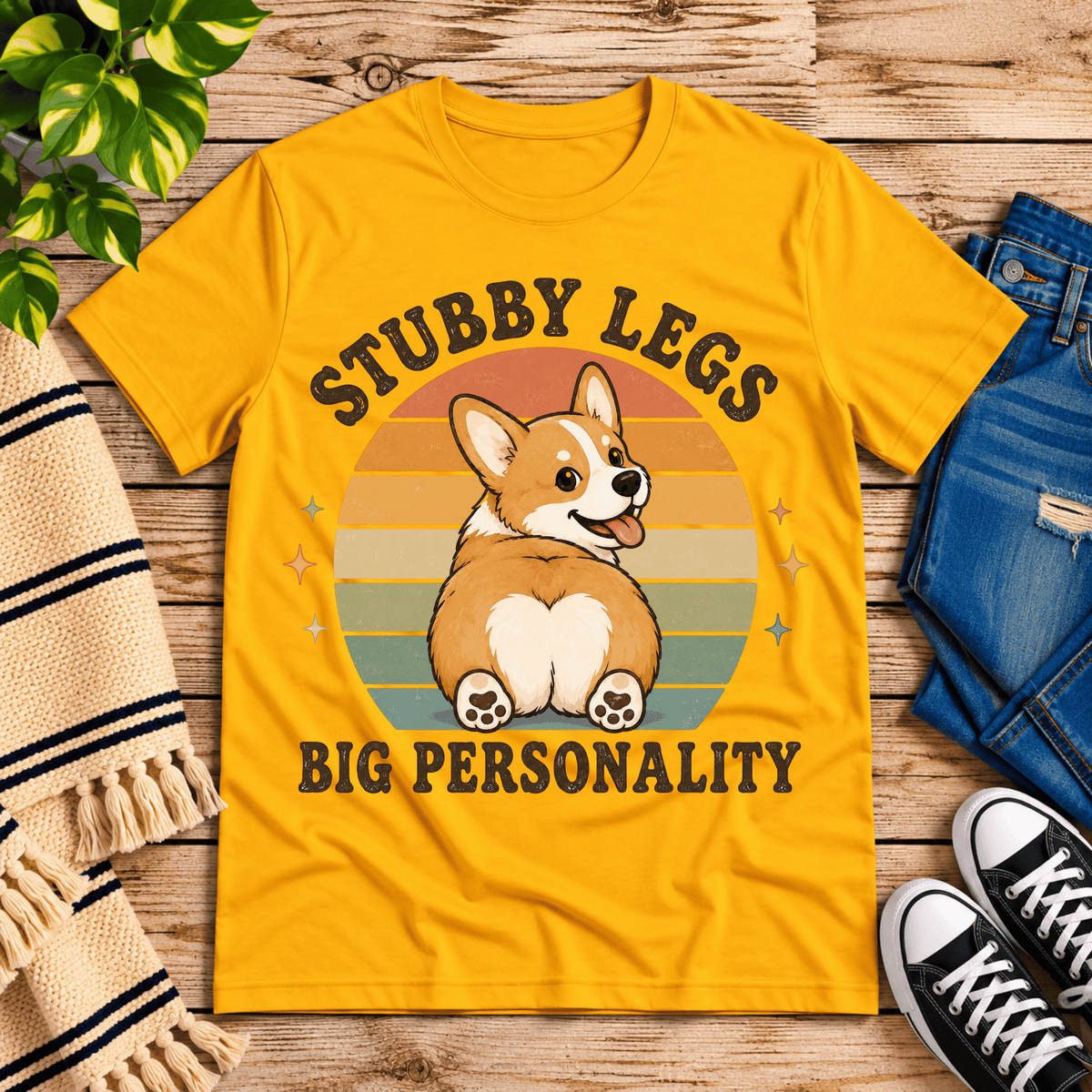 Stubby Legs cute animal graphic t-shirt cozy flat lay in gold.