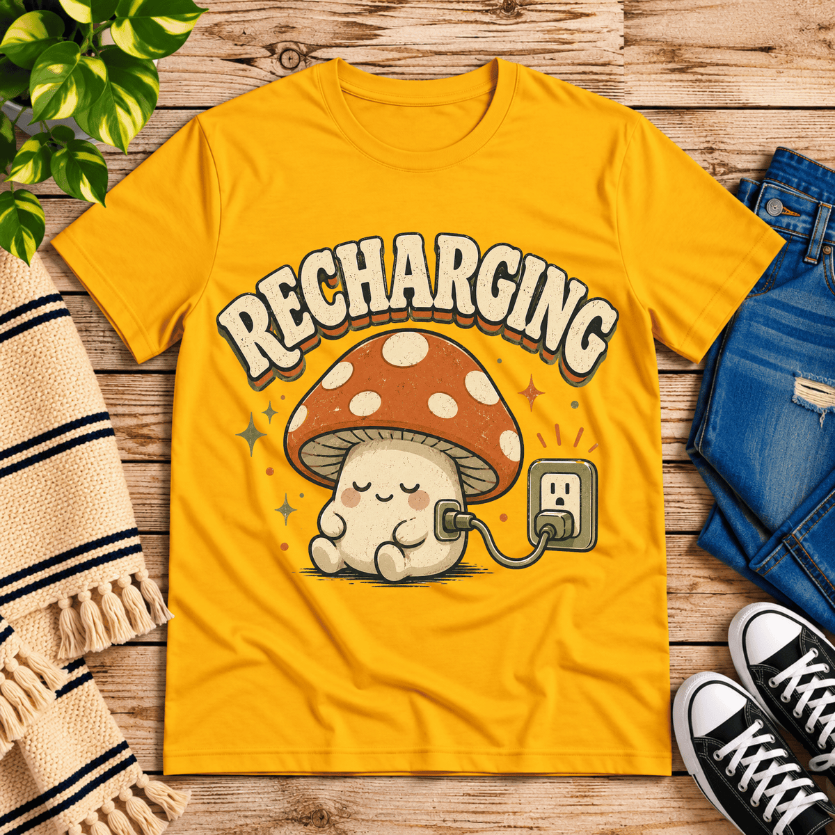 Recharging Mushroom cute cottagecore graphic t-shirt cozy flat lay in gold.