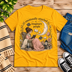 Imaginary People cute book graphic t-shirt cozy flat lay in gold.