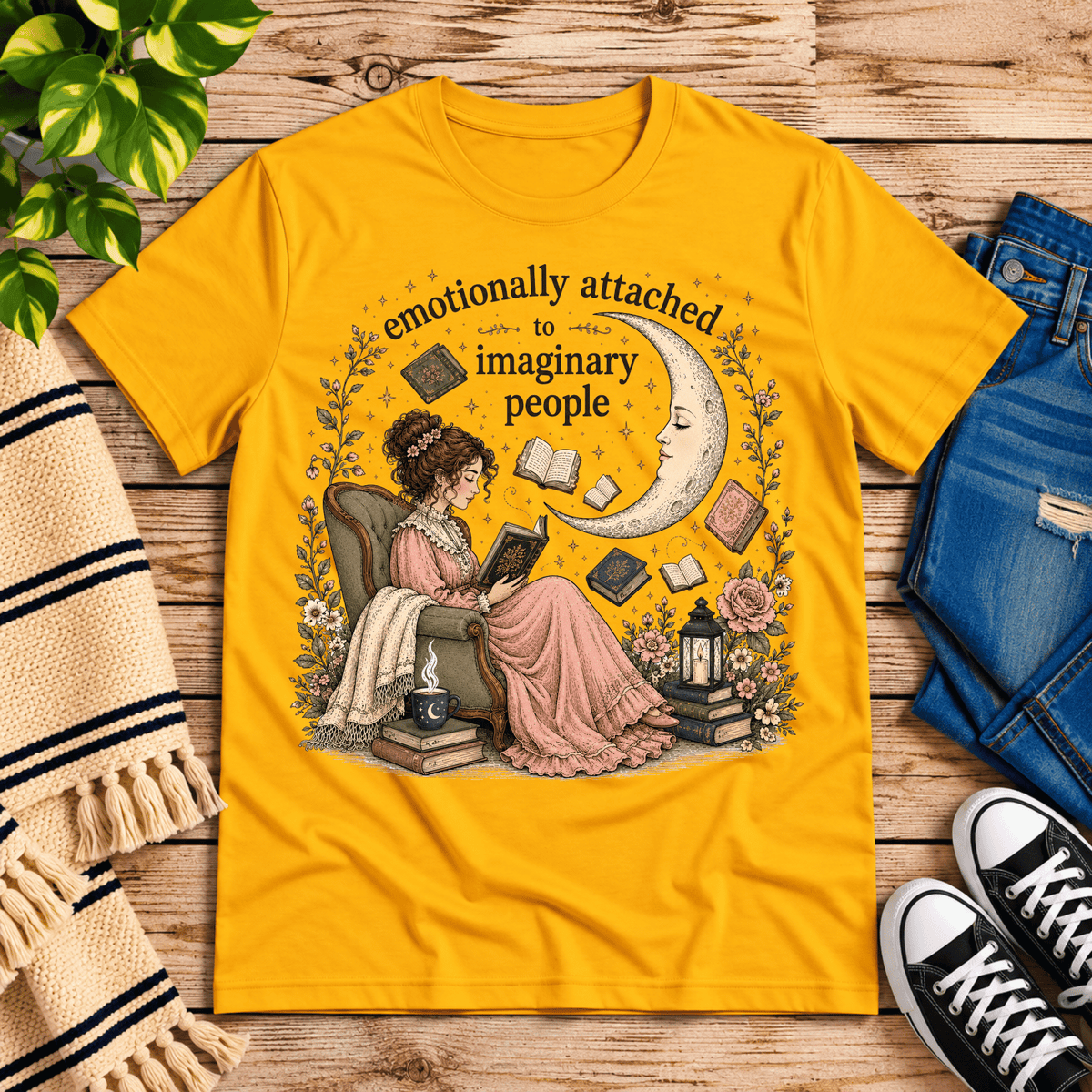 Imaginary People cute book graphic t-shirt cozy flat lay in gold.