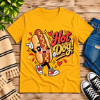 Hot Dog! retro food graphic t-shirt cozy flat lay in gold.