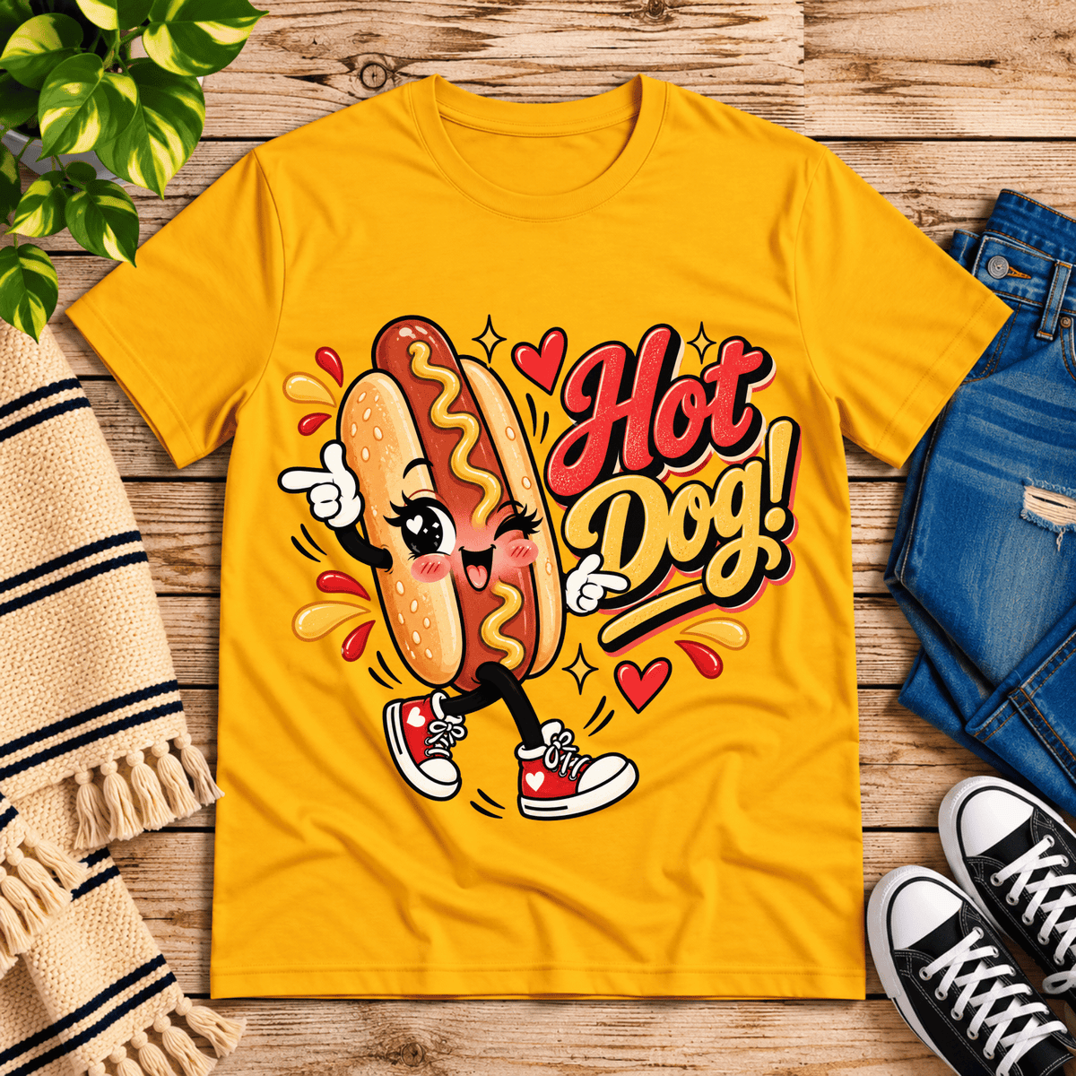 Hot Dog! retro food graphic t-shirt cozy flat lay in gold.
