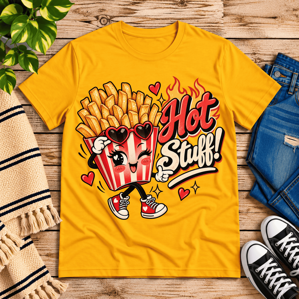 Hot Stuff retro food graphic t-shirt cozy flat lay in gold.