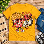 Hot Stuff retro food graphic t-shirt cozy flat lay in gold.