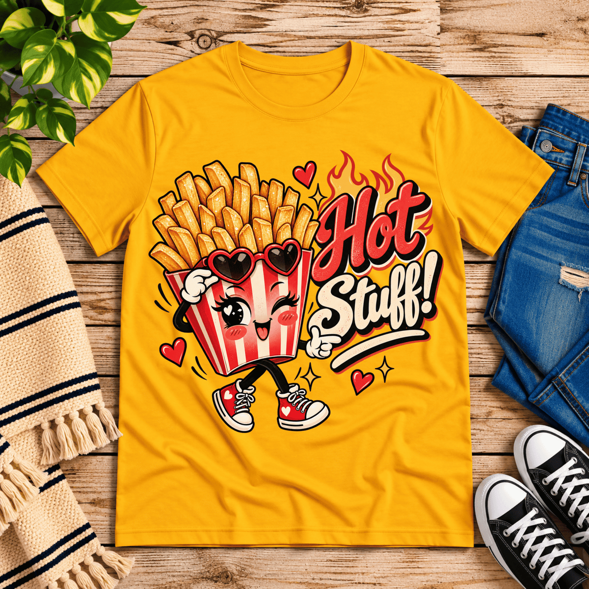 Hot Stuff retro food graphic t-shirt cozy flat lay in gold.