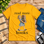 Read More vintage book graphic t-shirt cozy flat lay in gold.