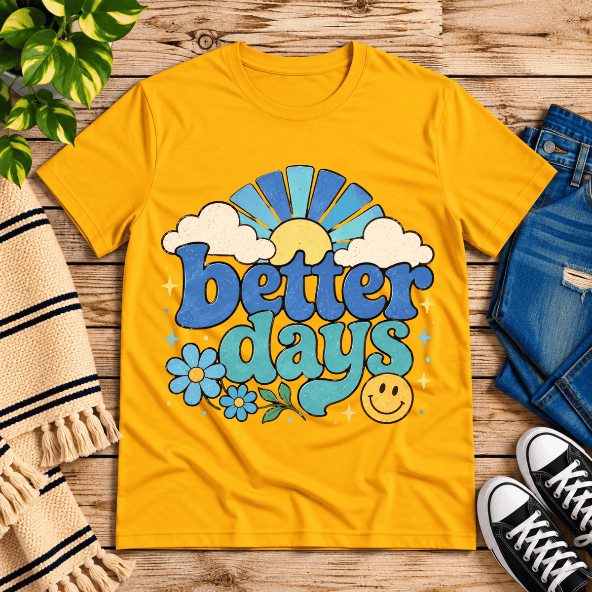 Better Days inspirational introvert graphic t-shirt cozy flat lay in gold.