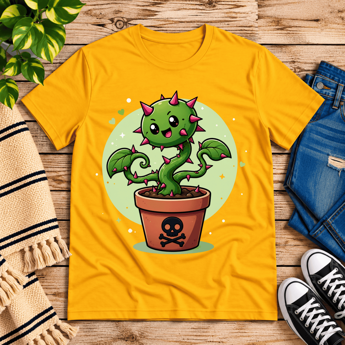 Poison Ivy cute plant graphic t-shirt cozy flat lay in gold.