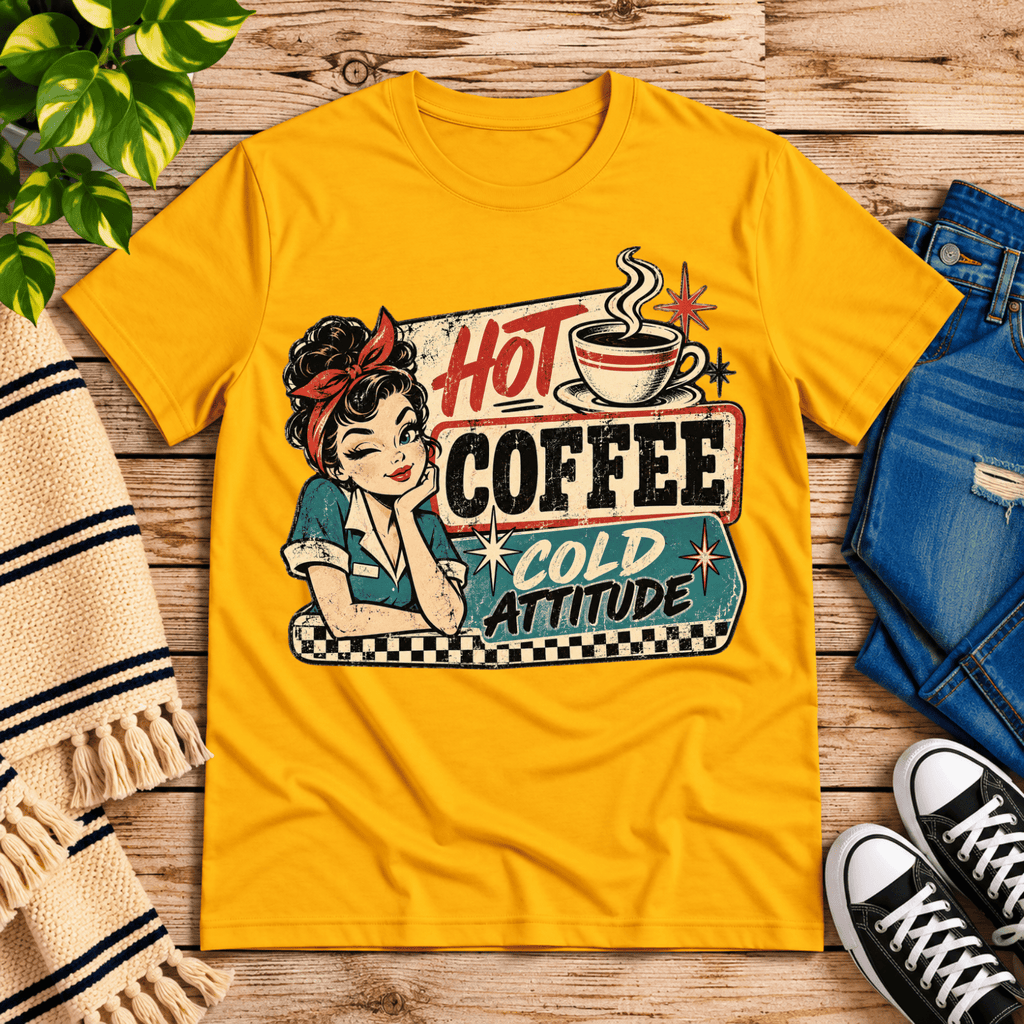 Hot Coffee retro coffee graphic t-shirt cozy flat lay in gold.