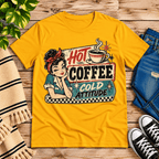 Hot Coffee retro coffee graphic t-shirt cozy flat lay in gold.