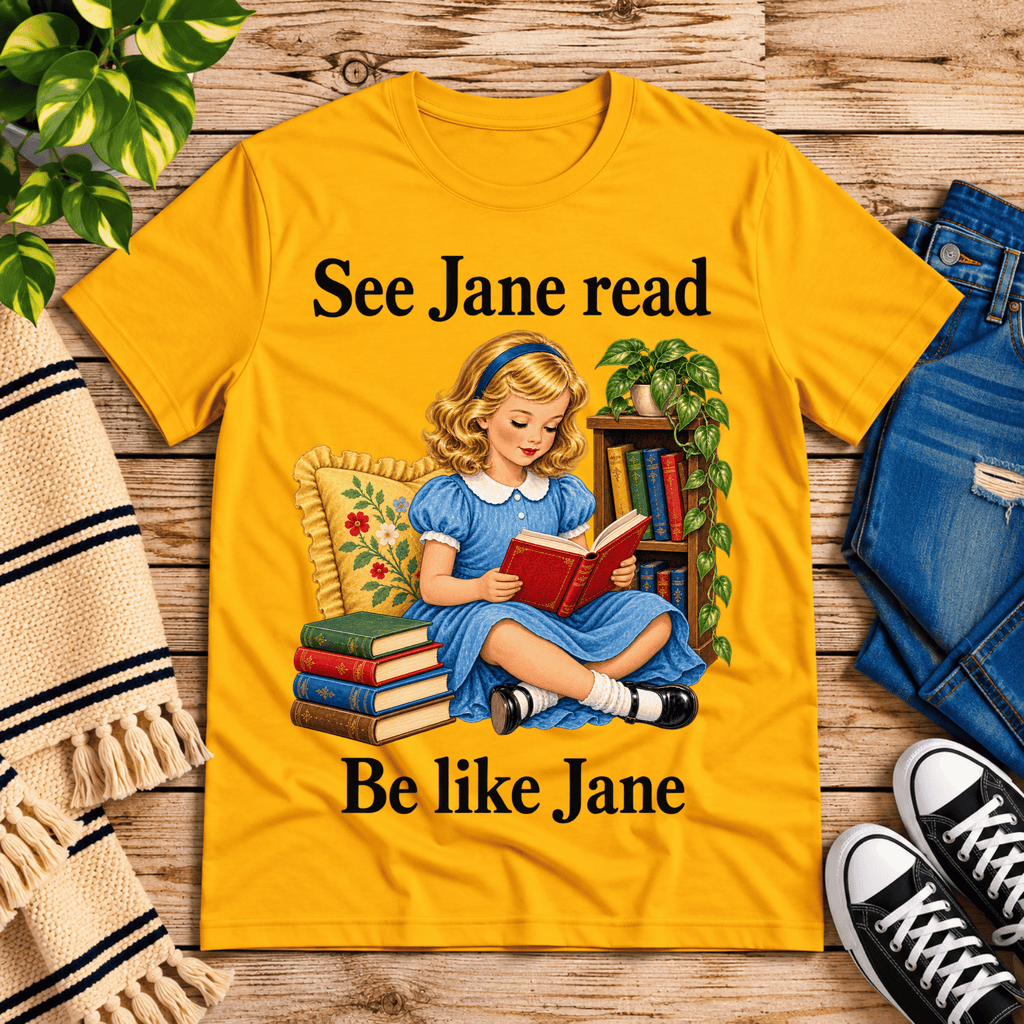 See Jane Read vintage book graphic t-shirt cozy flat lay in gold.