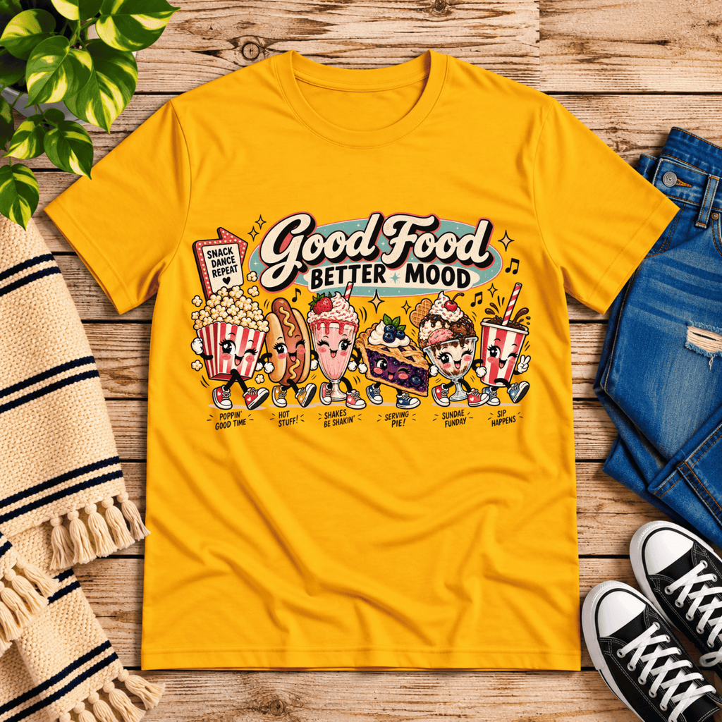 Good Food retro food graphic t-shirt cozy flat lay in gold.