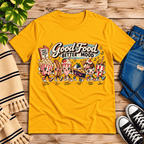 Good Food retro food graphic t-shirt cozy flat lay in gold.