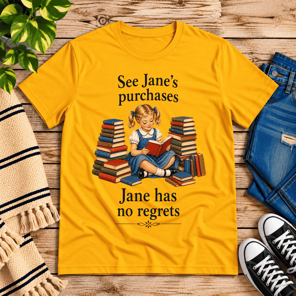 See Jane's Purchases vintage book graphic t-shirt cozy flat lay in gold.