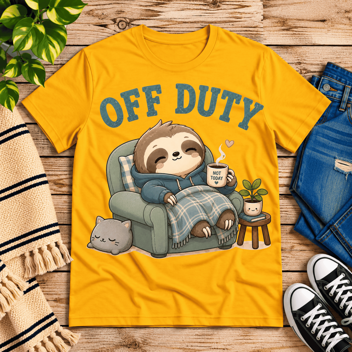 Off Duty cute animal graphic t-shirt cozy flat lay in gold.