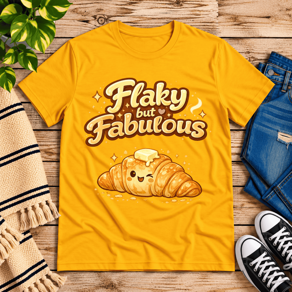 Flaky But Fabulous cute food graphic t-shirt cozy flat lay in gold.