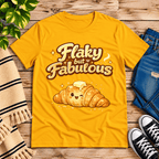 Flaky But Fabulous cute food graphic t-shirt cozy flat lay in gold.