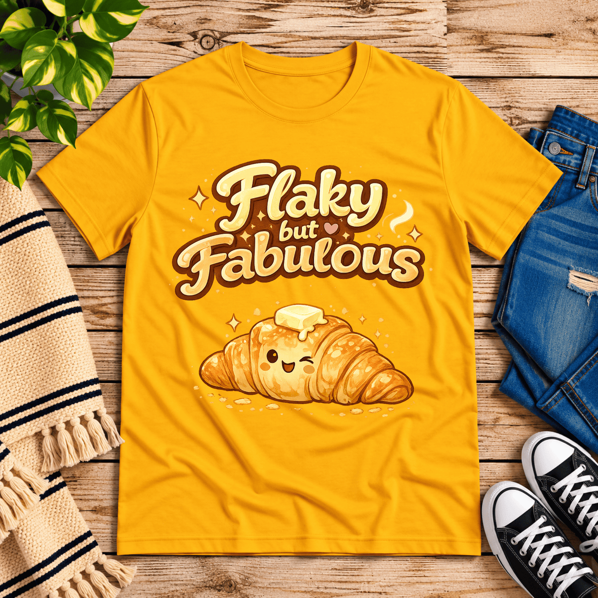 Flaky But Fabulous cute food graphic t-shirt cozy flat lay in gold.