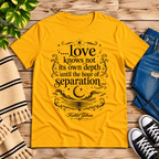 Love Knows Not book quote graphic t-shirt cozy flat lay in gold.