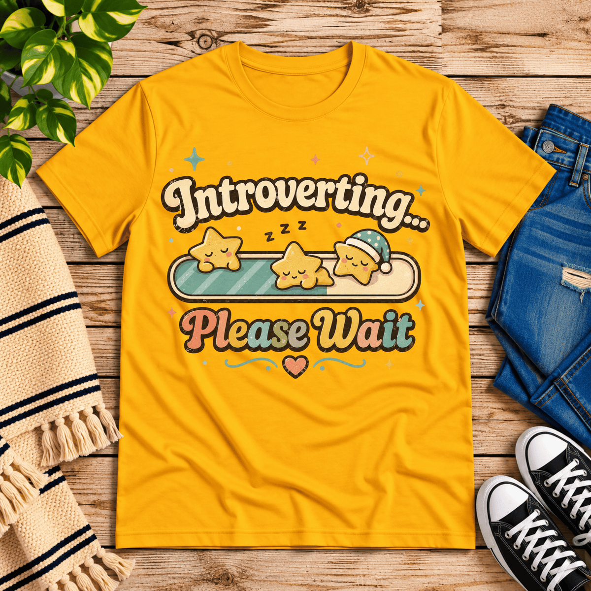 Introverting... Please wait cute kawaii  graphic t-shirt cozy flat lay in gold.