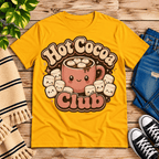 Hot Cocoa Club cute coffee graphic t-shirt cozy flat lay in gold.