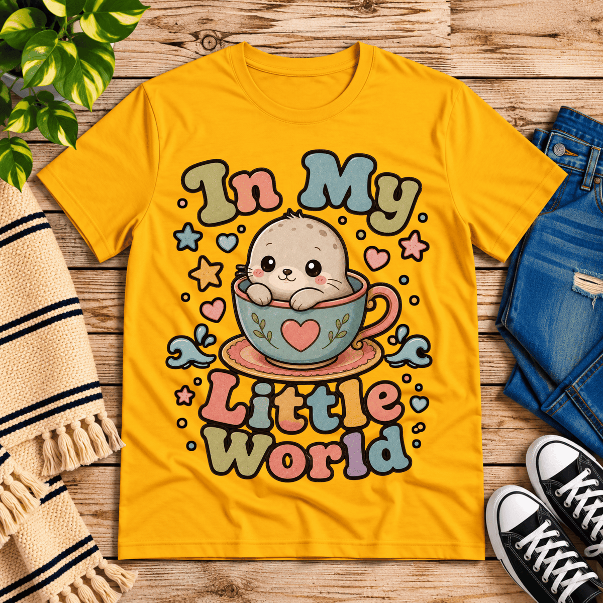 In My Little World cute animal graphic t-shirt cozy flat lay in gold.