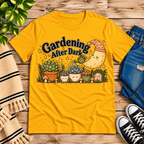 Gardening After Dark nature lover graphic t-shirt cozy flat lay in gold.