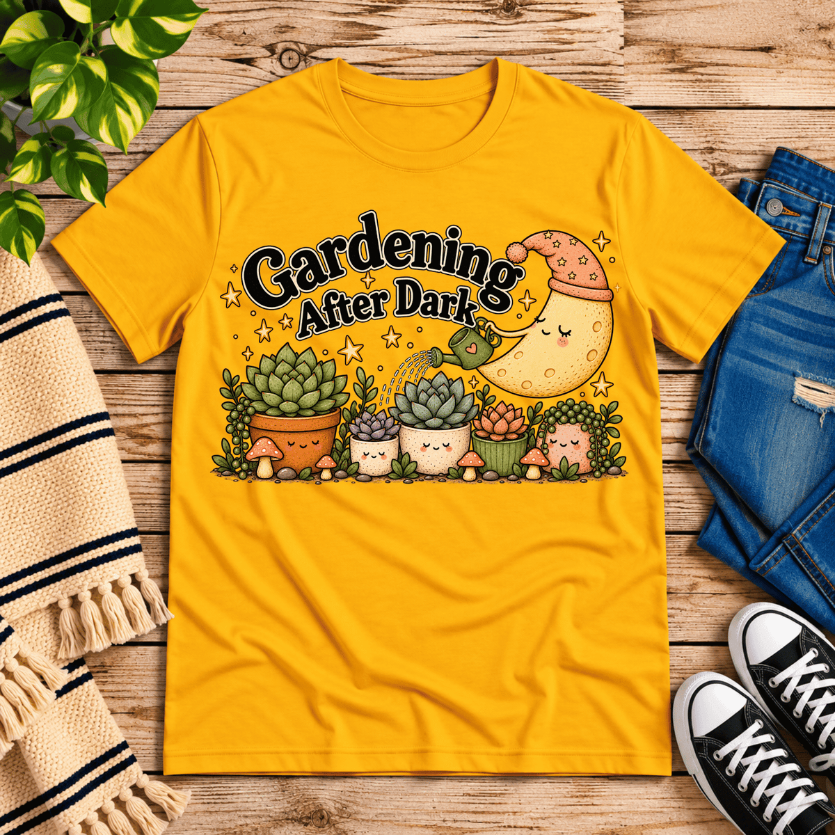 Gardening After Dark nature lover graphic t-shirt cozy flat lay in gold.