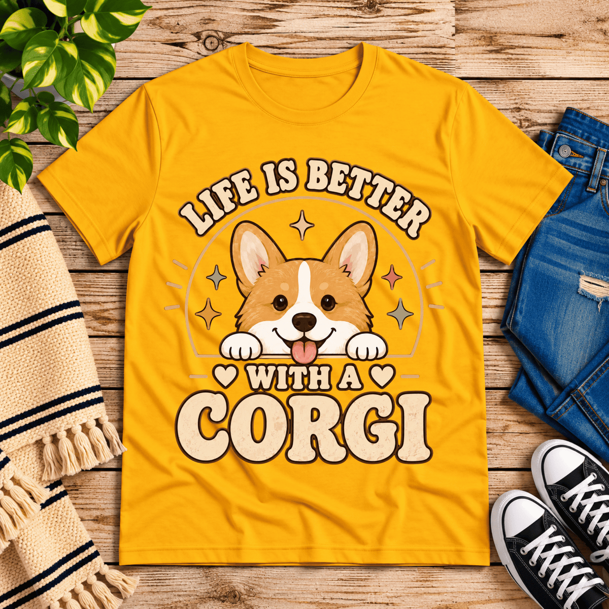 Life Is Better cute animal graphic t-shirt cozy flat lay in gold.