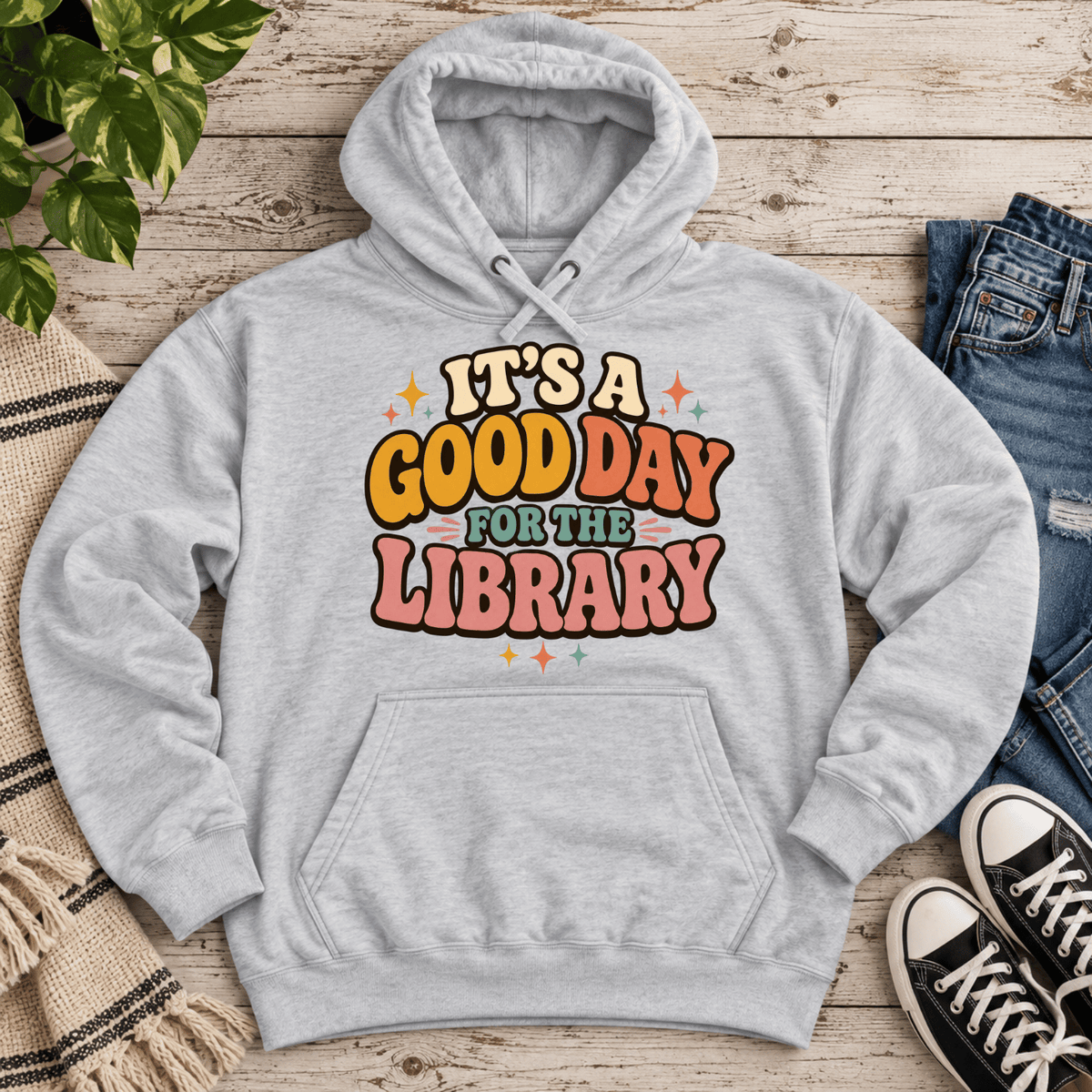 It's A Good Day cute book graphic hoodie cozy flat lay in heather grey.