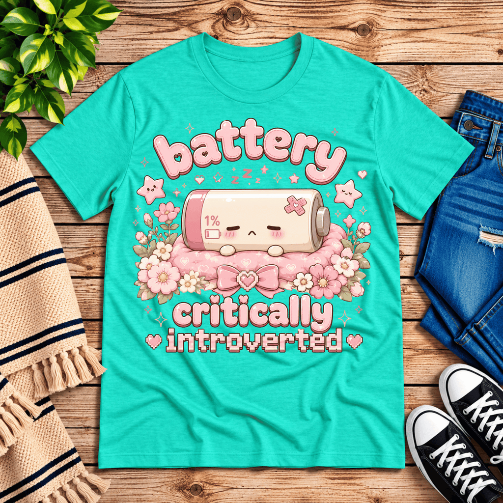 Battery Critical funny introvert graphic t-shirt cozy flat lay in heather sea green.