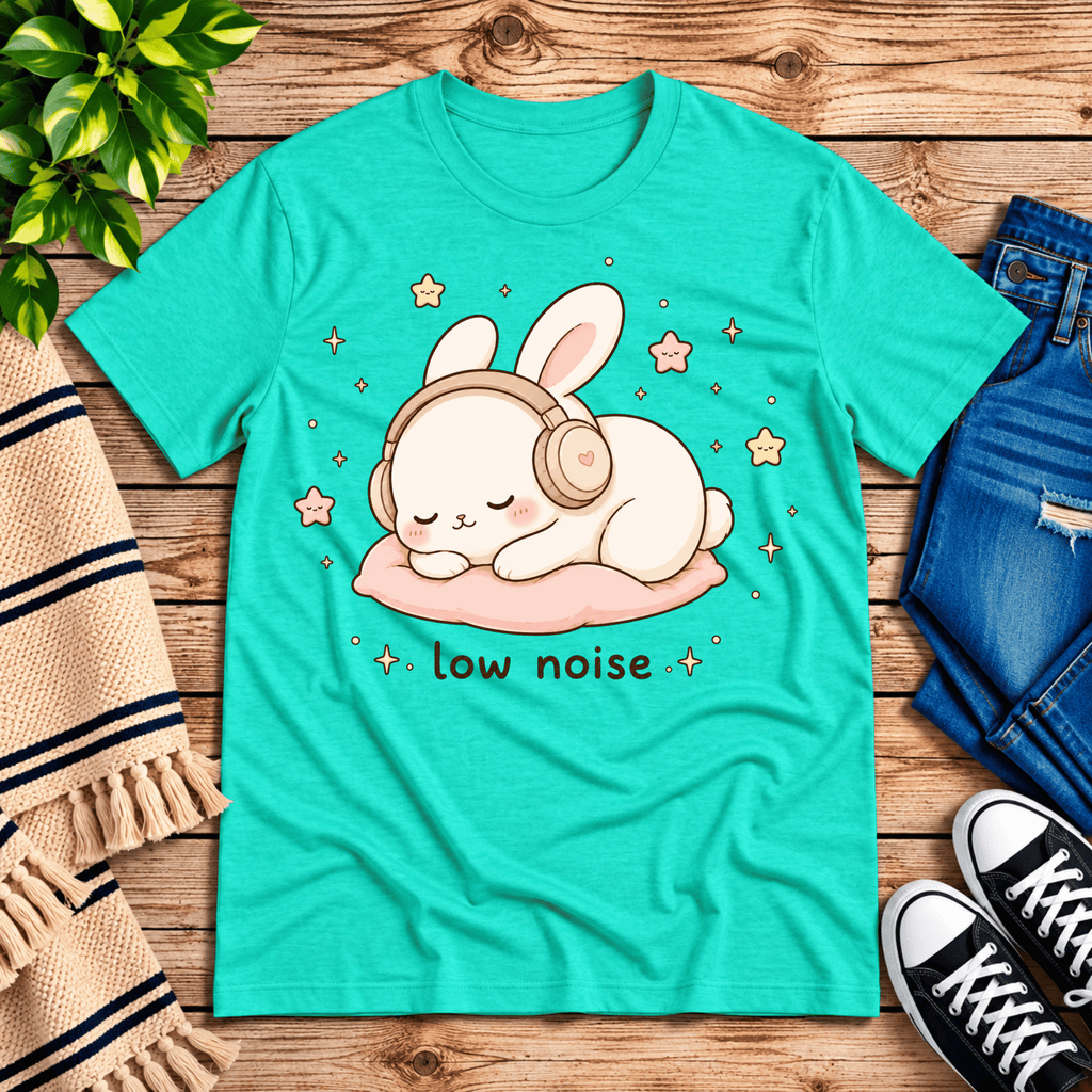 Low Noise Bunny cute animal graphic t-shirt cozy flat lay in heather sea green.