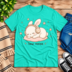 Low Noise Bunny cute animal graphic t-shirt cozy flat lay in heather sea green.