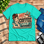 Hot Coffee retro coffee graphic t-shirt cozy flat lay in heather sea green.