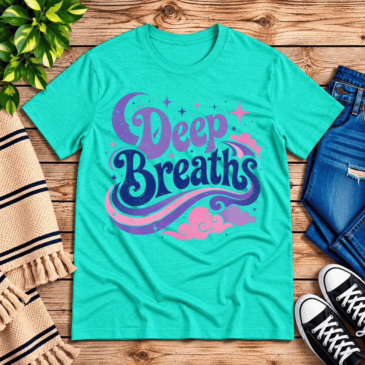 Deep Breaths inspirational introvert graphic t-shirt cozy flat lay in heather sea green.
