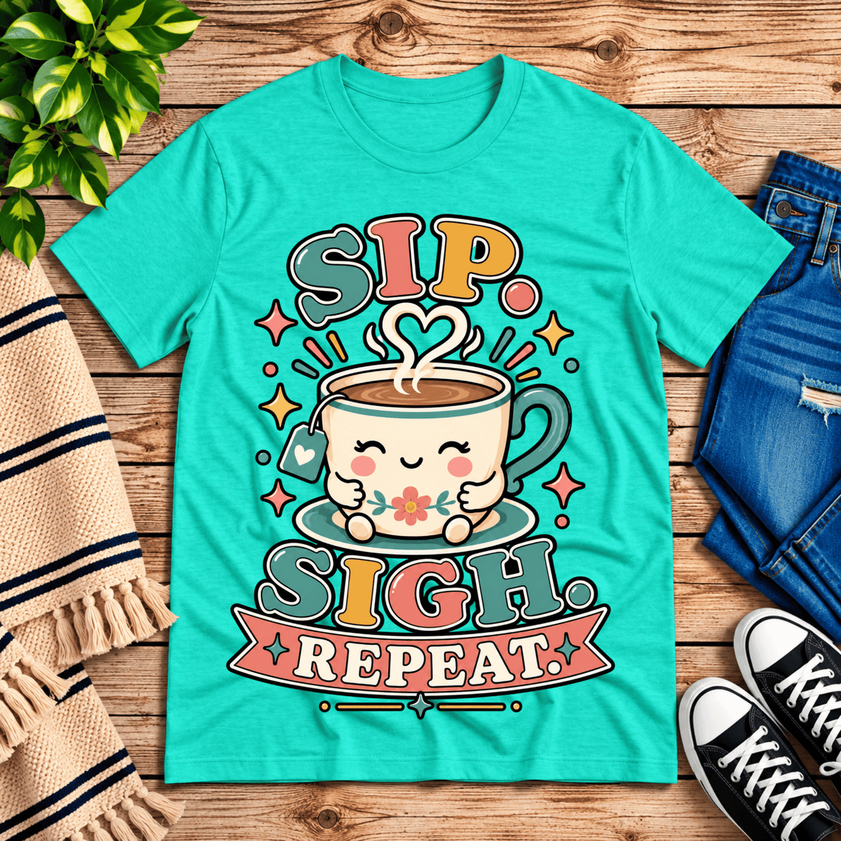 Sip. Sigh. Repeat. coffee graphic t-shirt cozy flat lay in heather sea green.