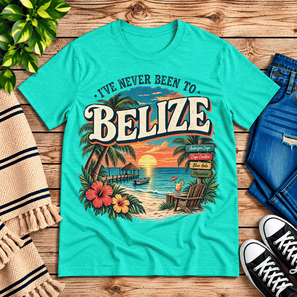 Belize funny introvert graphic t-shirt cozy flat lay in heather sea green.
