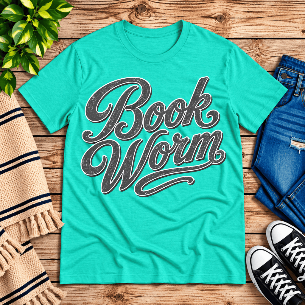 Book Worm book lover graphic t-shirt cozy flat lay in heather sea green.