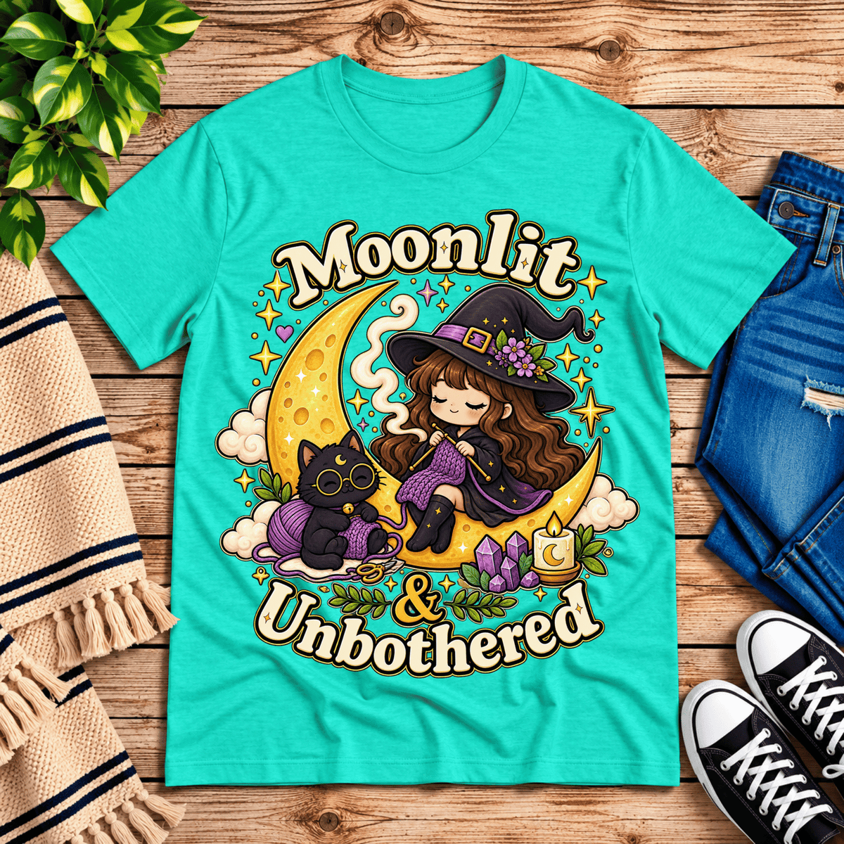 Moonlit & Unbothered cute witchy graphic t-shirt cozy flat lay in heather sea green.