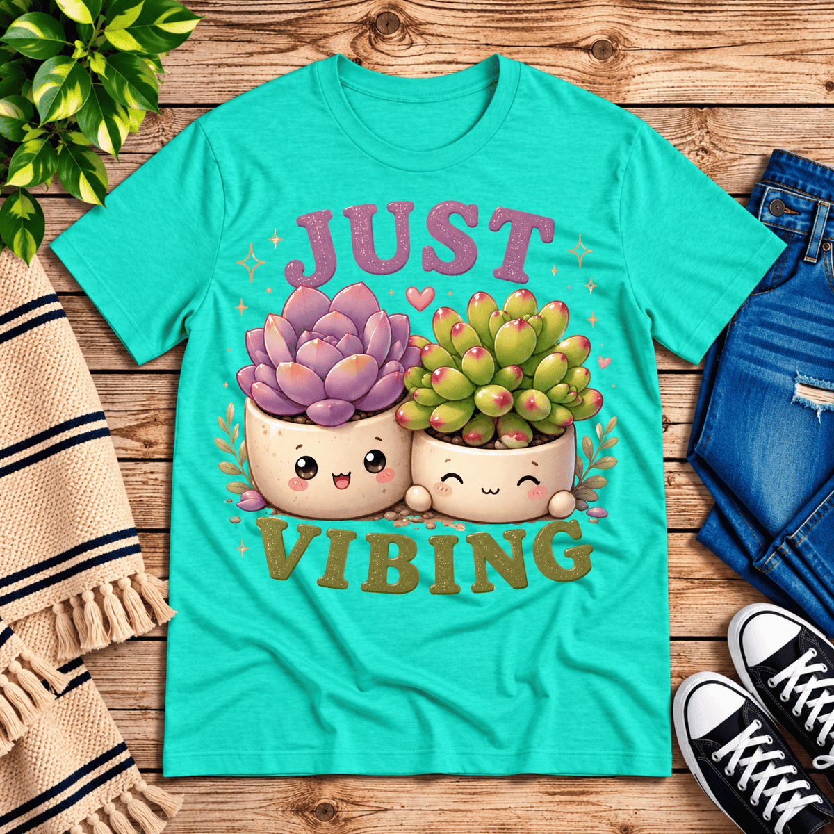 Succulent Vibing funny plant graphic t-shirt cozy flat lay in heather sea green.