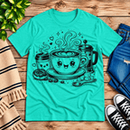 Happy Coffee cute kawaii graphic t-shirt cozy flat lay in heather sea green.