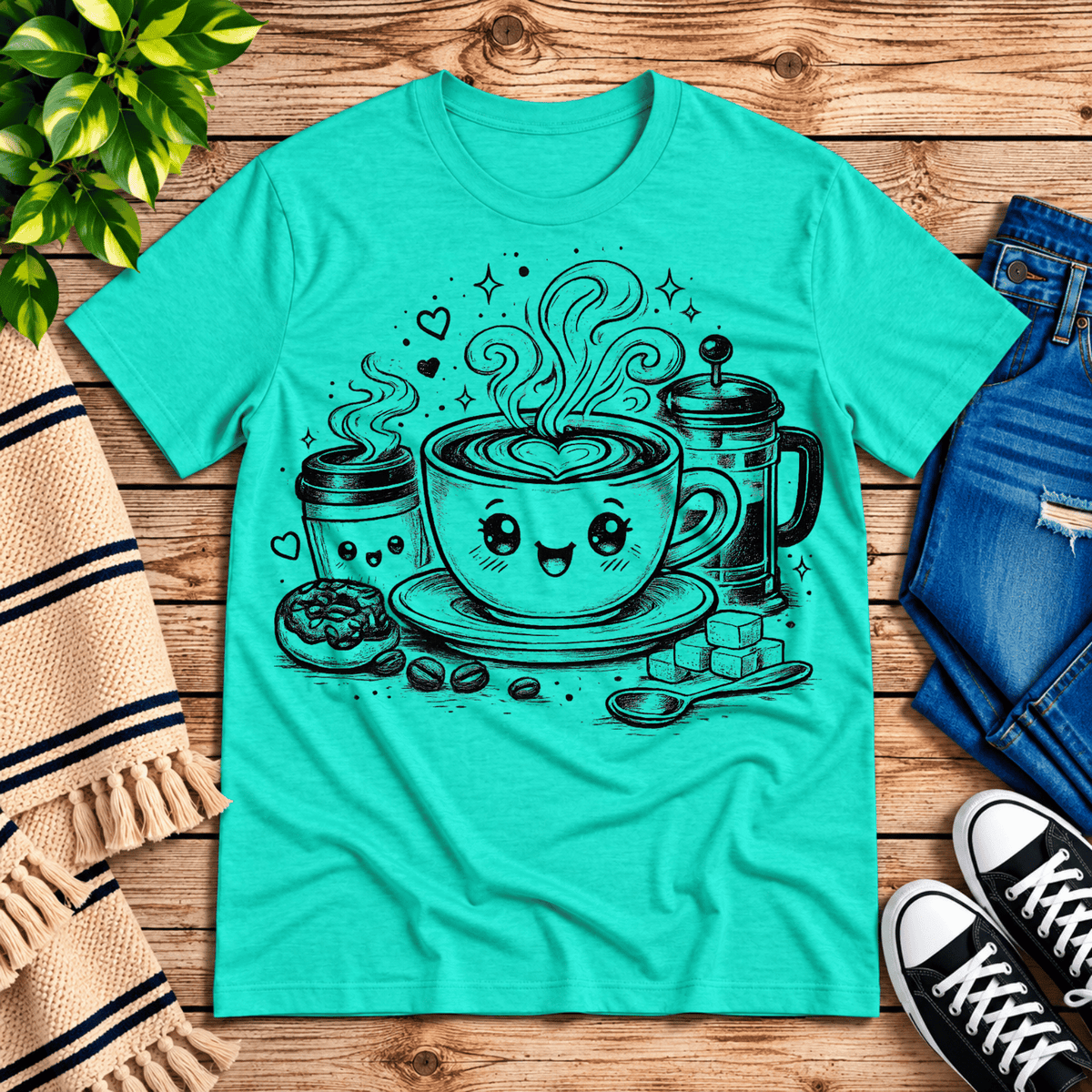 Happy Coffee cute kawaii graphic t-shirt cozy flat lay in heather sea green.