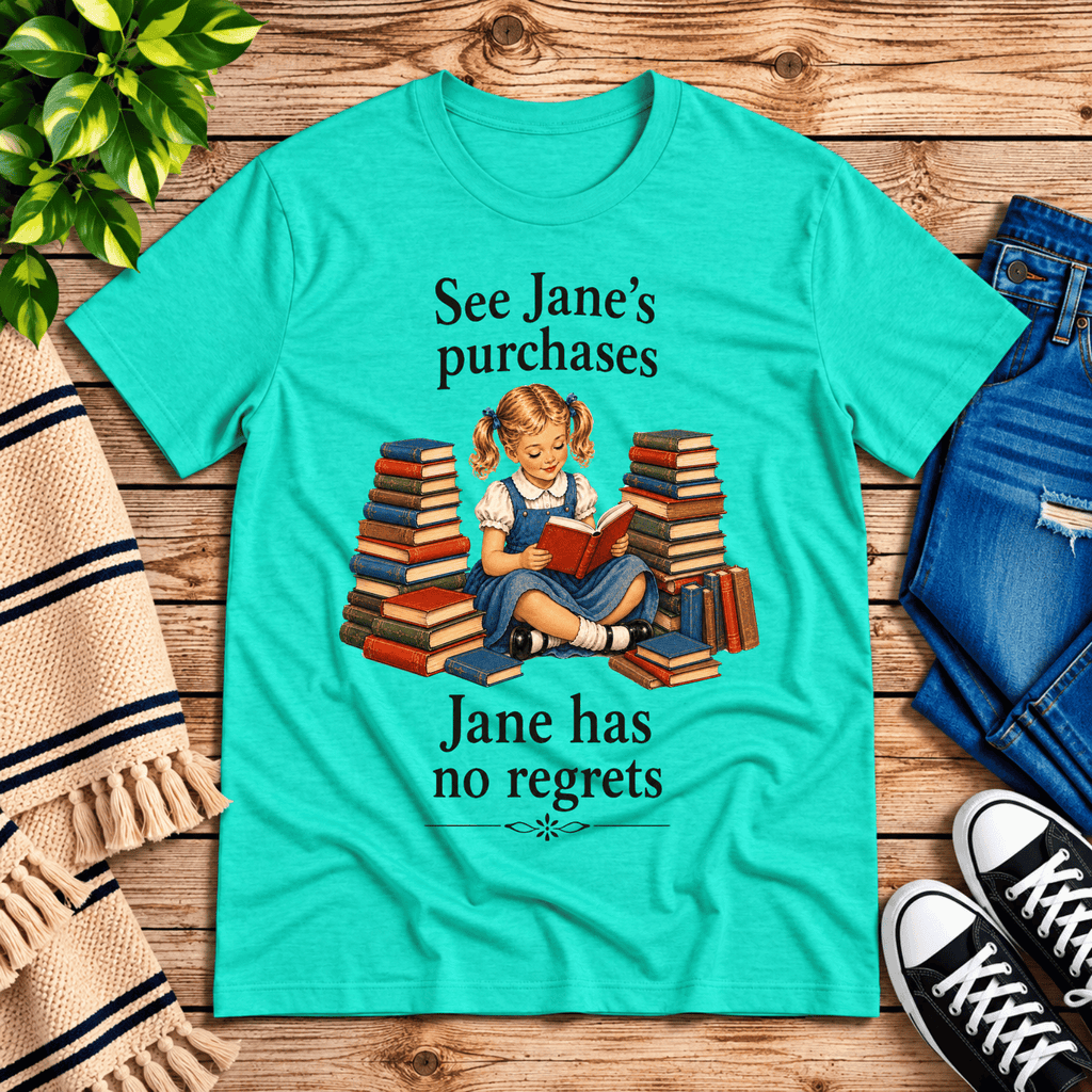 See Jane's Purchases vintage book graphic t-shirt cozy flat lay in heather sea green.