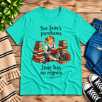 See Jane's Purchases vintage book graphic t-shirt cozy flat lay in heather sea green.