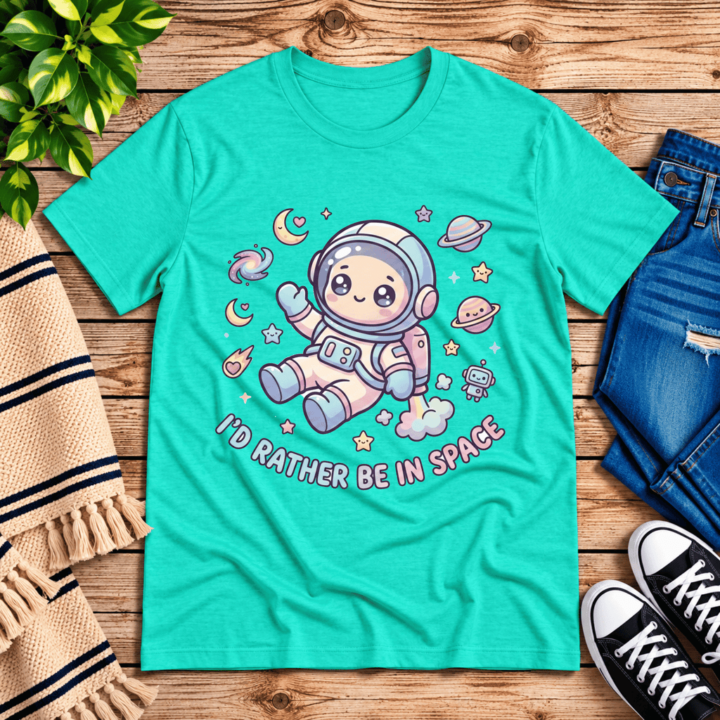 Floating In Space funny introvert graphic t-shirt cozy flat lay in heather sea green.