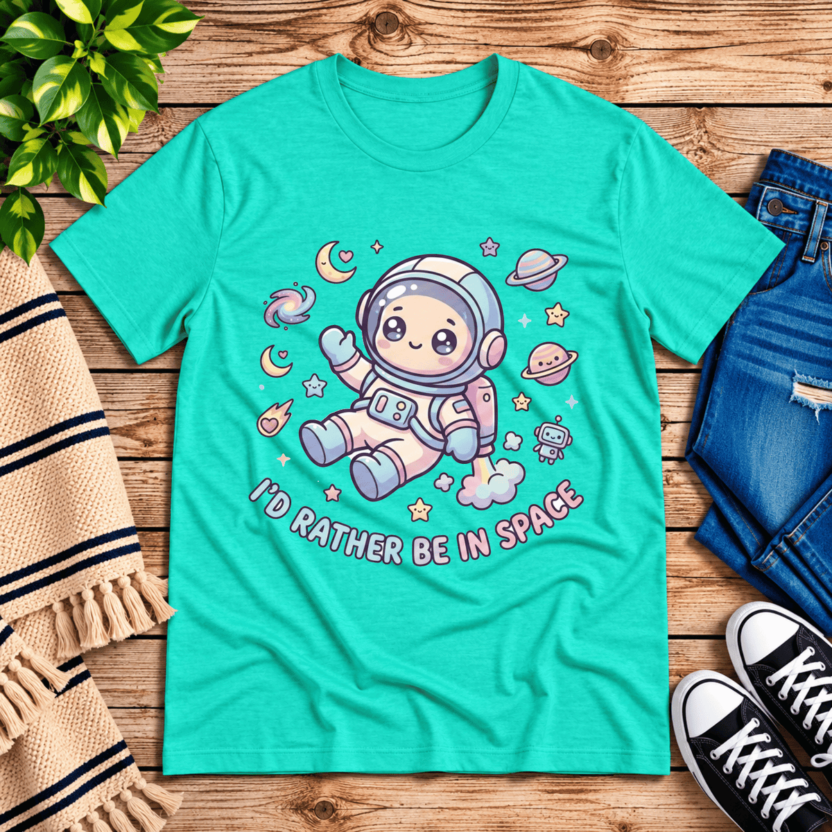Floating In Space funny introvert graphic t-shirt cozy flat lay in heather sea green.