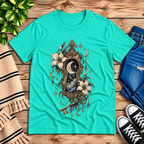 Cosmos Keyhole celestial graphic t-shirt cozy flat lay in heather sea green.