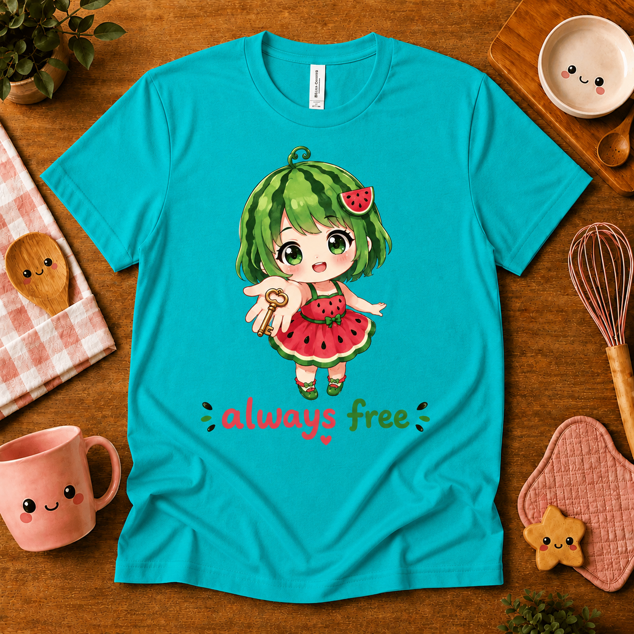 Always Free cute food graphic t-shirt cozy flat lay in heather sea green.